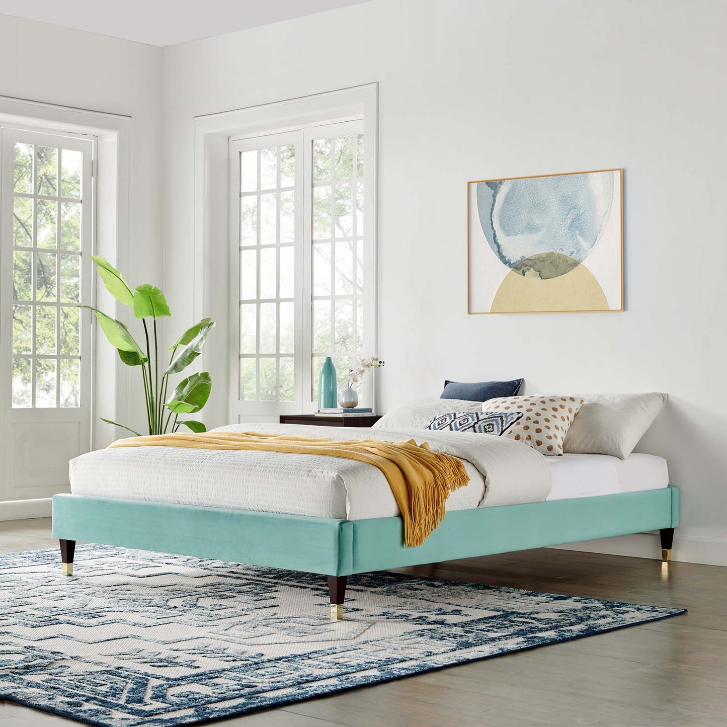 Harlow King Performance Velvet Platform Bed Frame, Velvet, Blue, 21754