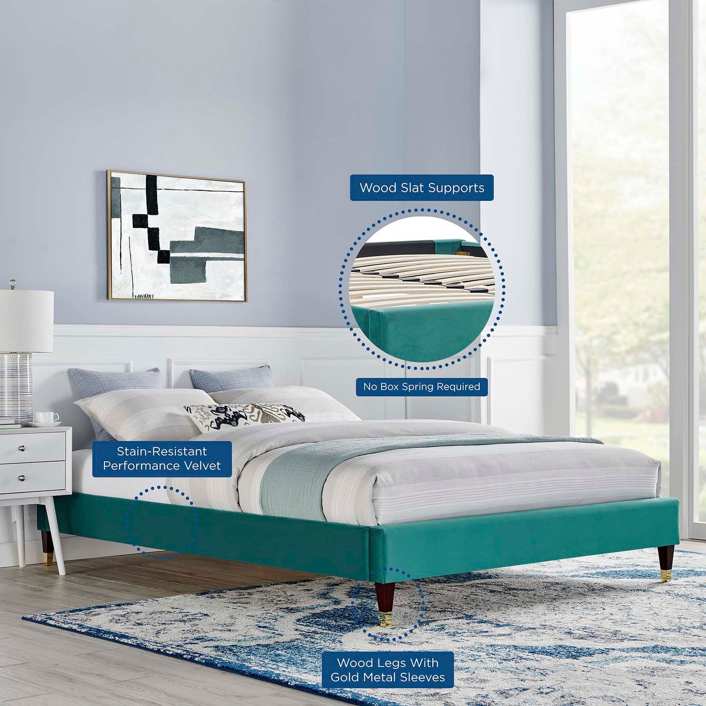 Harlow King Performance Velvet Platform Bed Frame, Velvet, Teal Blue, 21757