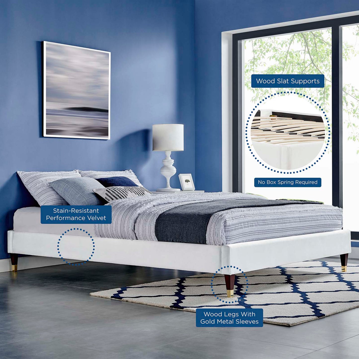 Harlow King Performance Velvet Platform Bed Frame, Velvet, White, 21758