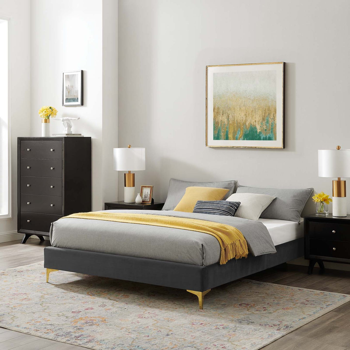 Sutton Queen Performance Velvet Bed Frame, Velvet, Dark Grey Gray, 21759