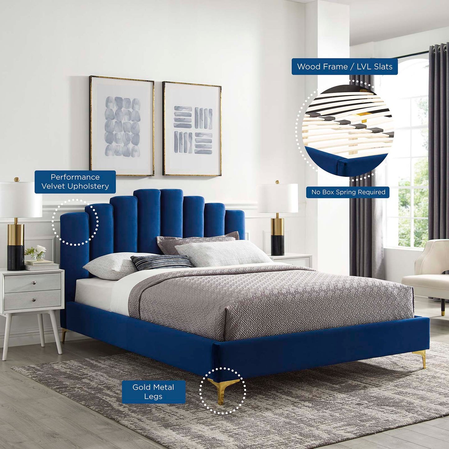Olivia Queen Performance Velvet Platform Bed, Velvet, Blue Navy, 21793