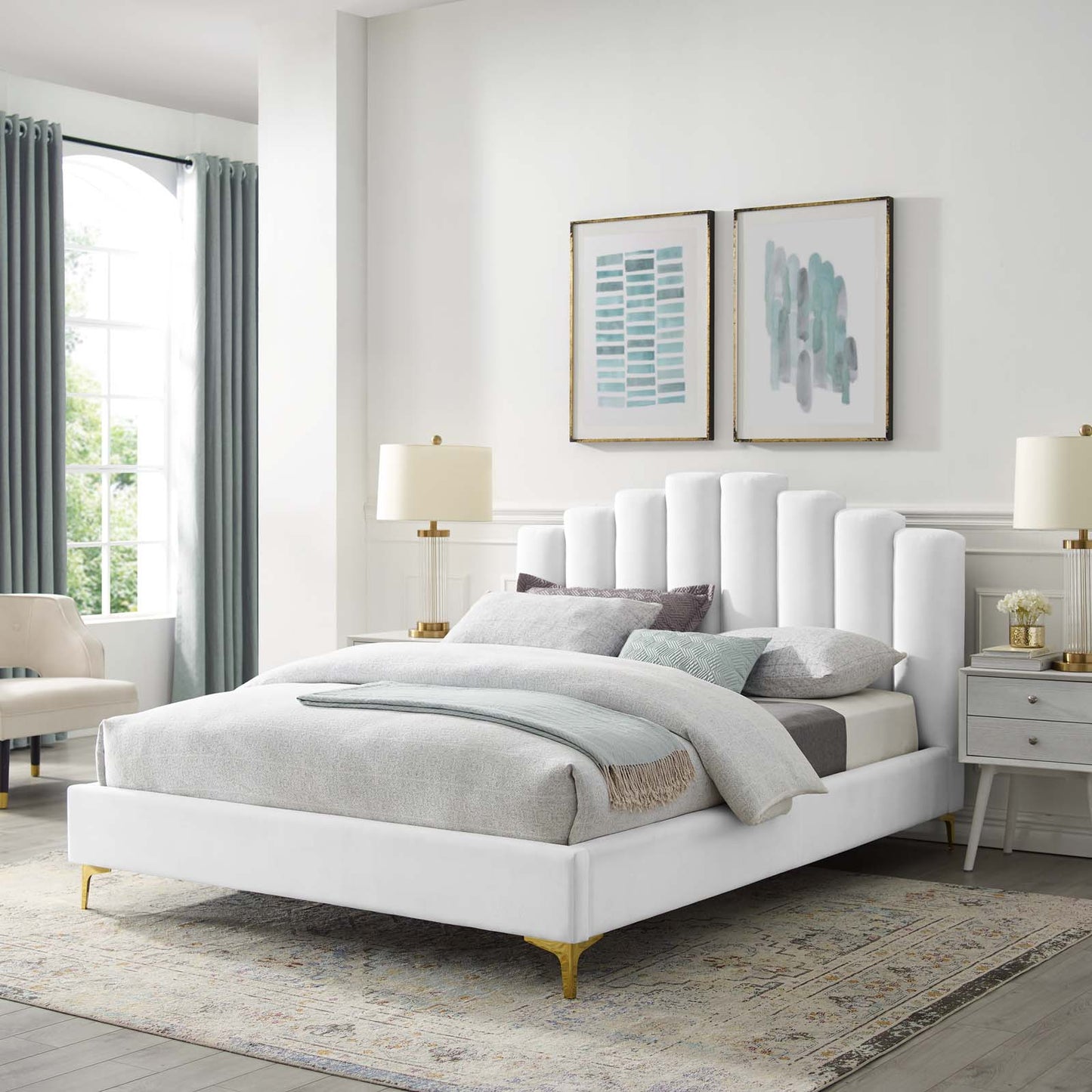 Olivia Queen Performance Velvet Platform Bed, Velvet, White, 21794