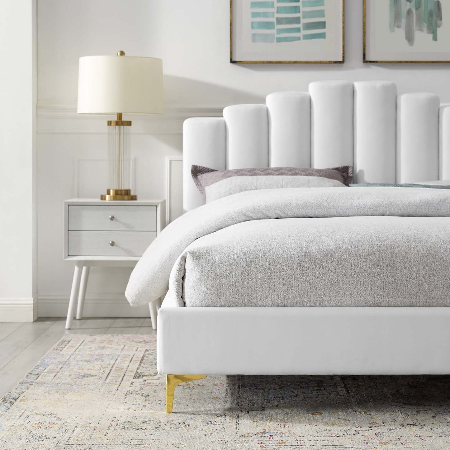 Olivia Queen Performance Velvet Platform Bed, Velvet, White, 21794