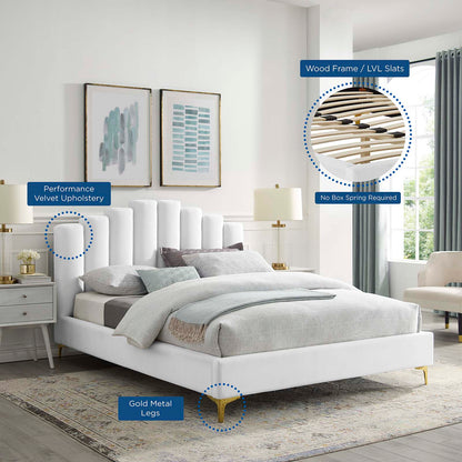 Olivia Queen Performance Velvet Platform Bed, Velvet, White, 21794