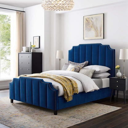 Lucille Queen Performance Velvet Platform Bed, Velvet, Blue Navy, 21797