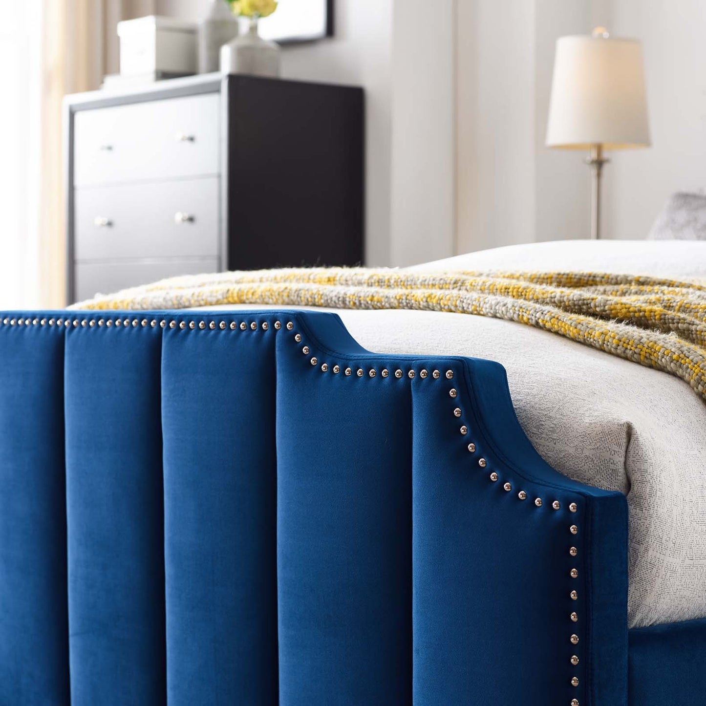 Lucille Queen Performance Velvet Platform Bed, Velvet, Blue Navy, 21797