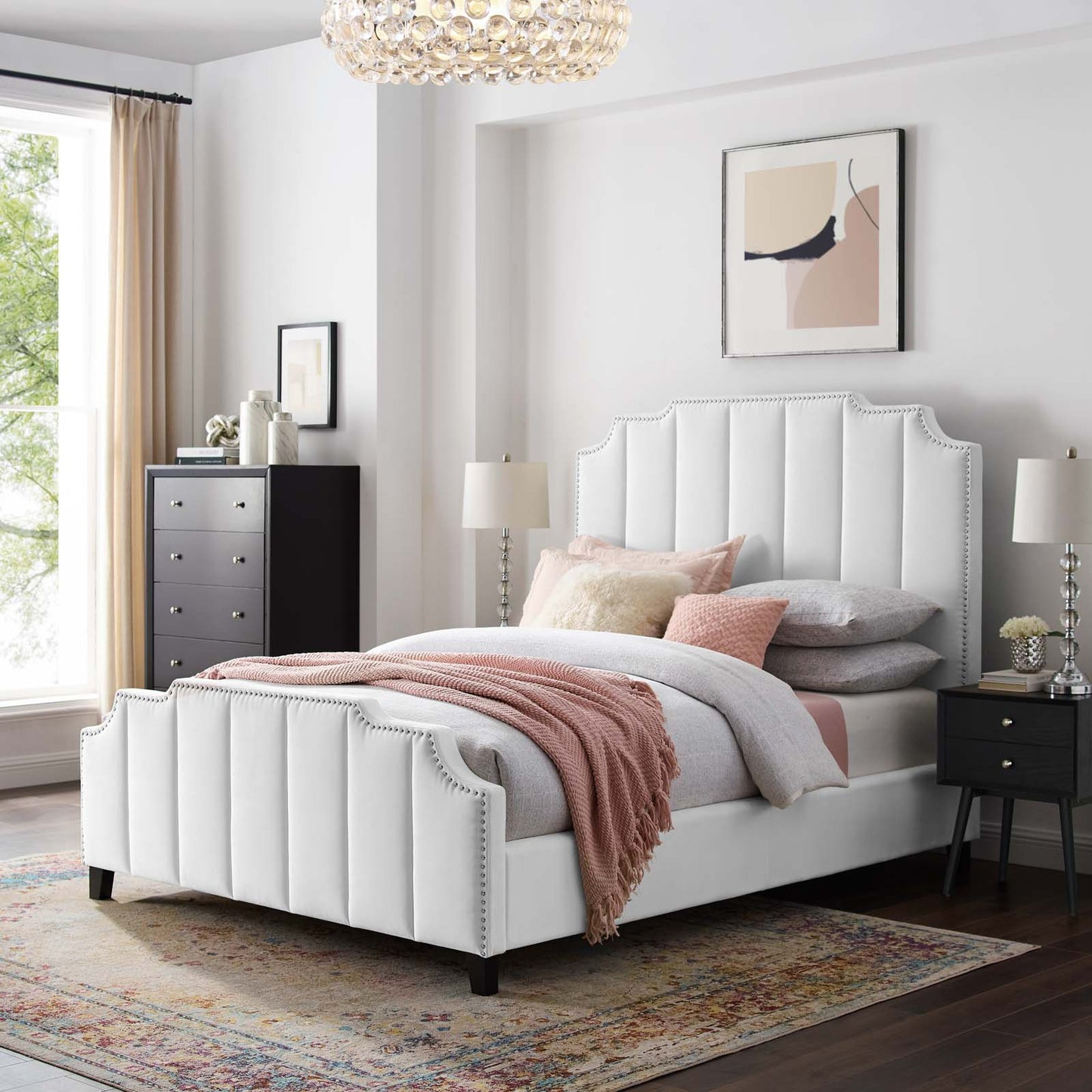 Lucille Queen Performance Velvet Platform Bed, Velvet, White, 21798