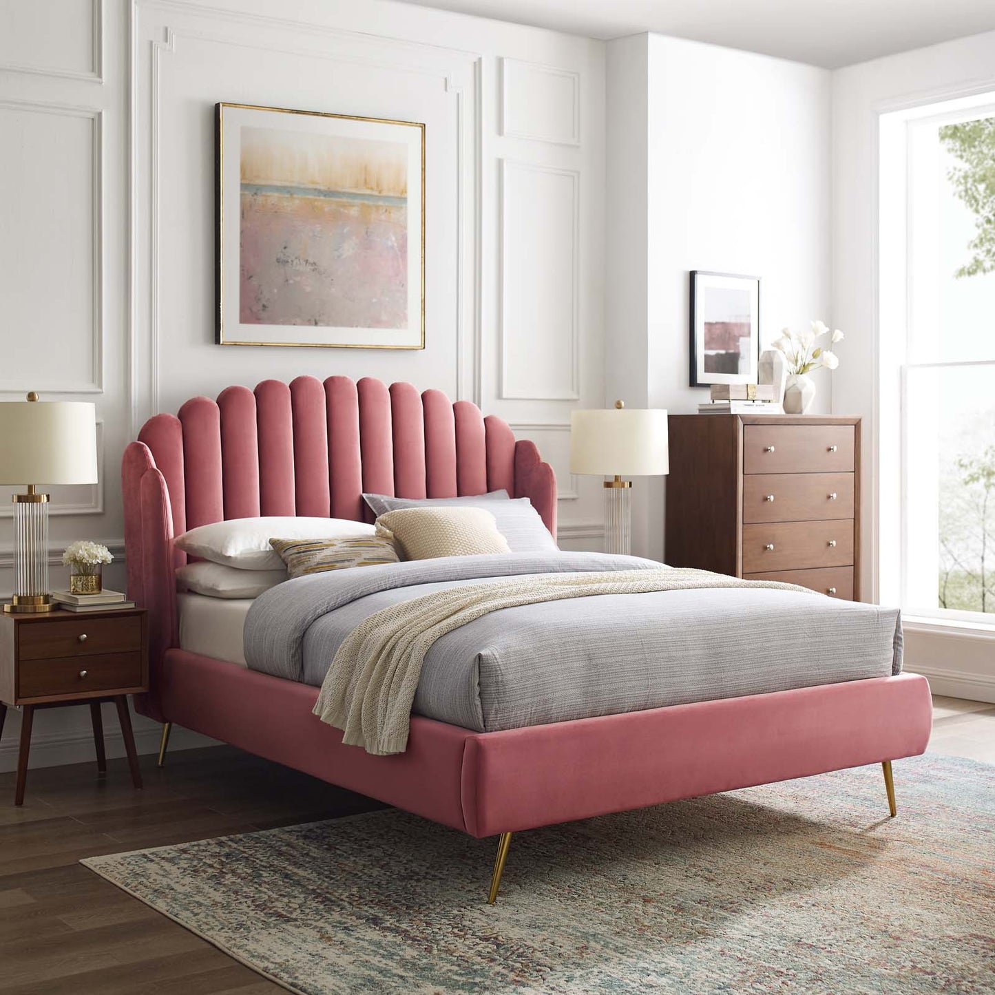 Lana Queen Performance Velvet Wingback Platform Bed, Velvet, Pink, 21799