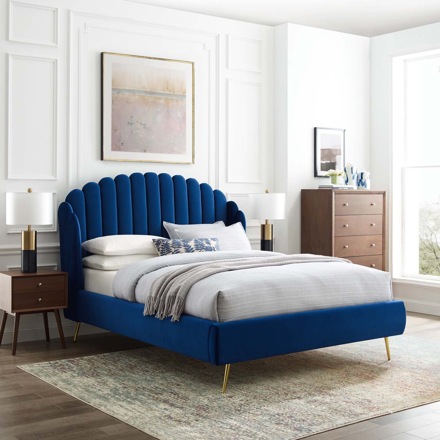 Lana Queen Performance Velvet Wingback Platform Bed, Velvet, Blue Navy, 21801