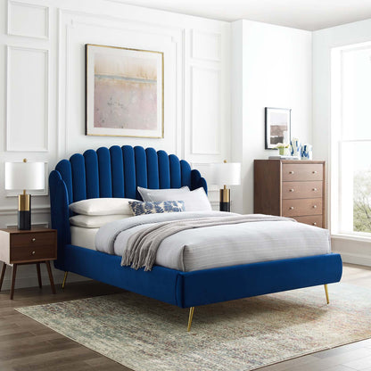 Lana Queen Performance Velvet Wingback Platform Bed, Velvet, Blue Navy, 21801