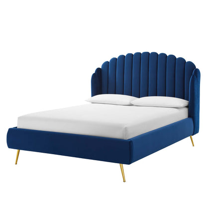 Lana Queen Performance Velvet Wingback Platform Bed, Velvet, Blue Navy, 21801