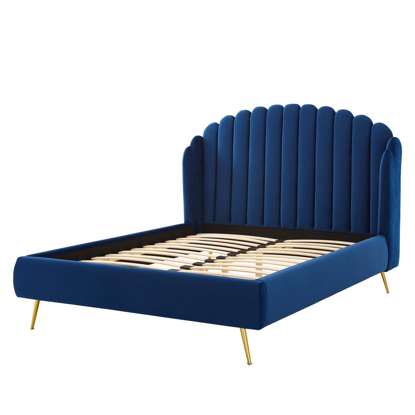 Lana Queen Performance Velvet Wingback Platform Bed, Velvet, Blue Navy, 21801
