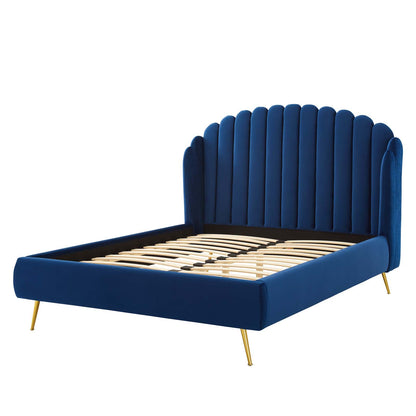 Lana Queen Performance Velvet Wingback Platform Bed, Velvet, Blue Navy, 21801