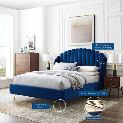 Lana Queen Performance Velvet Wingback Platform Bed, Velvet, Blue Navy, 21801