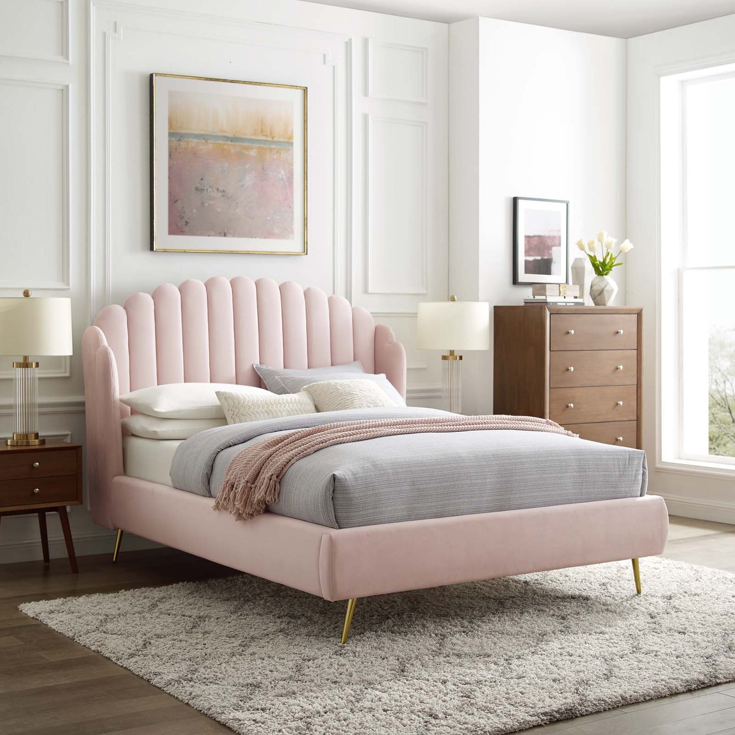 Lana Queen Performance Velvet Wingback Platform Bed, Velvet, Pink, 21802
