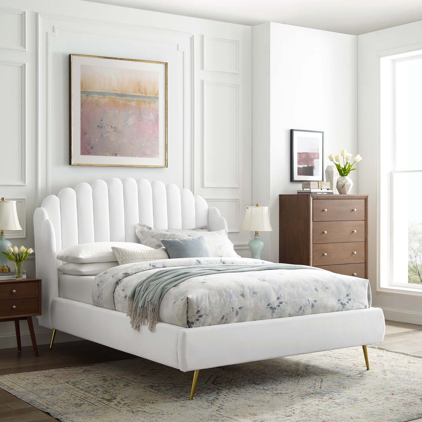 Lana Queen Performance Velvet Wingback Platform Bed, Velvet, White, 21803