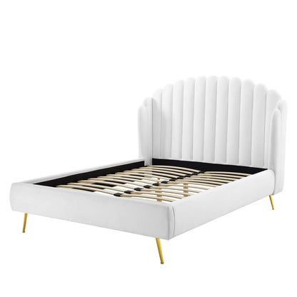 Lana Queen Performance Velvet Wingback Platform Bed, Velvet, White, 21803