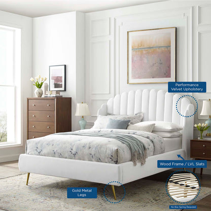 Lana Queen Performance Velvet Wingback Platform Bed, Velvet, White, 21803