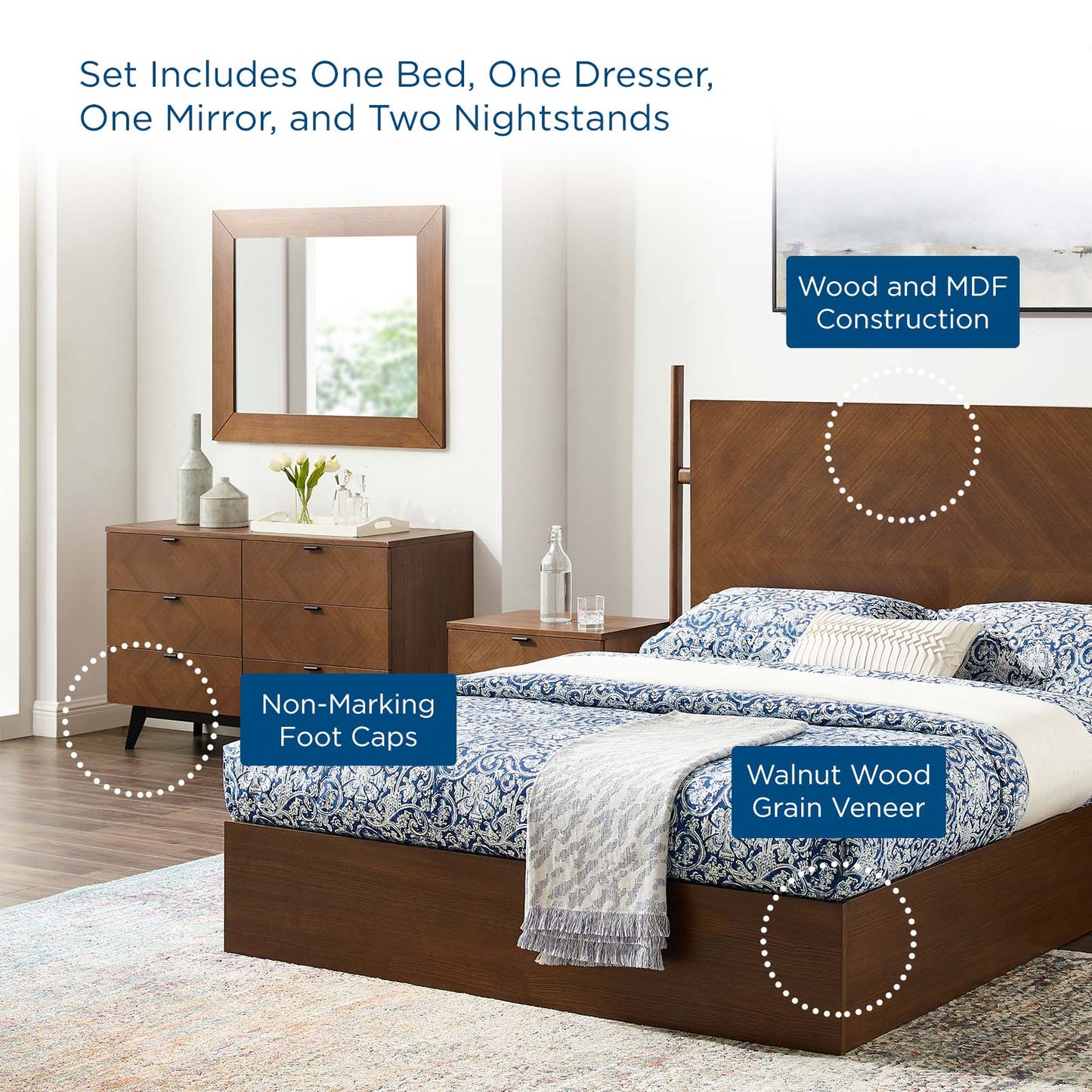 Kali 5-Piece Bedroom Set, Wood, Brown Walnut, 21810
