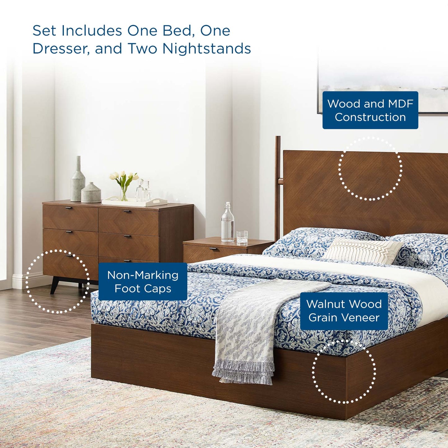 Kali 4-Piece Bedroom Set, Wood, Brown Walnut, 21811
