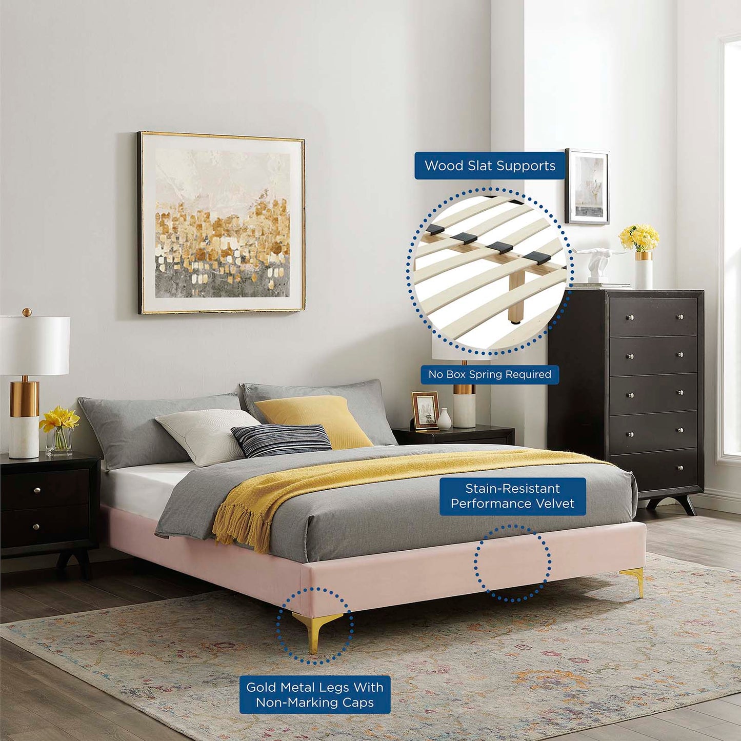 Sutton Twin Performance Velvet Bed Frame, Velvet, Pink, 21844