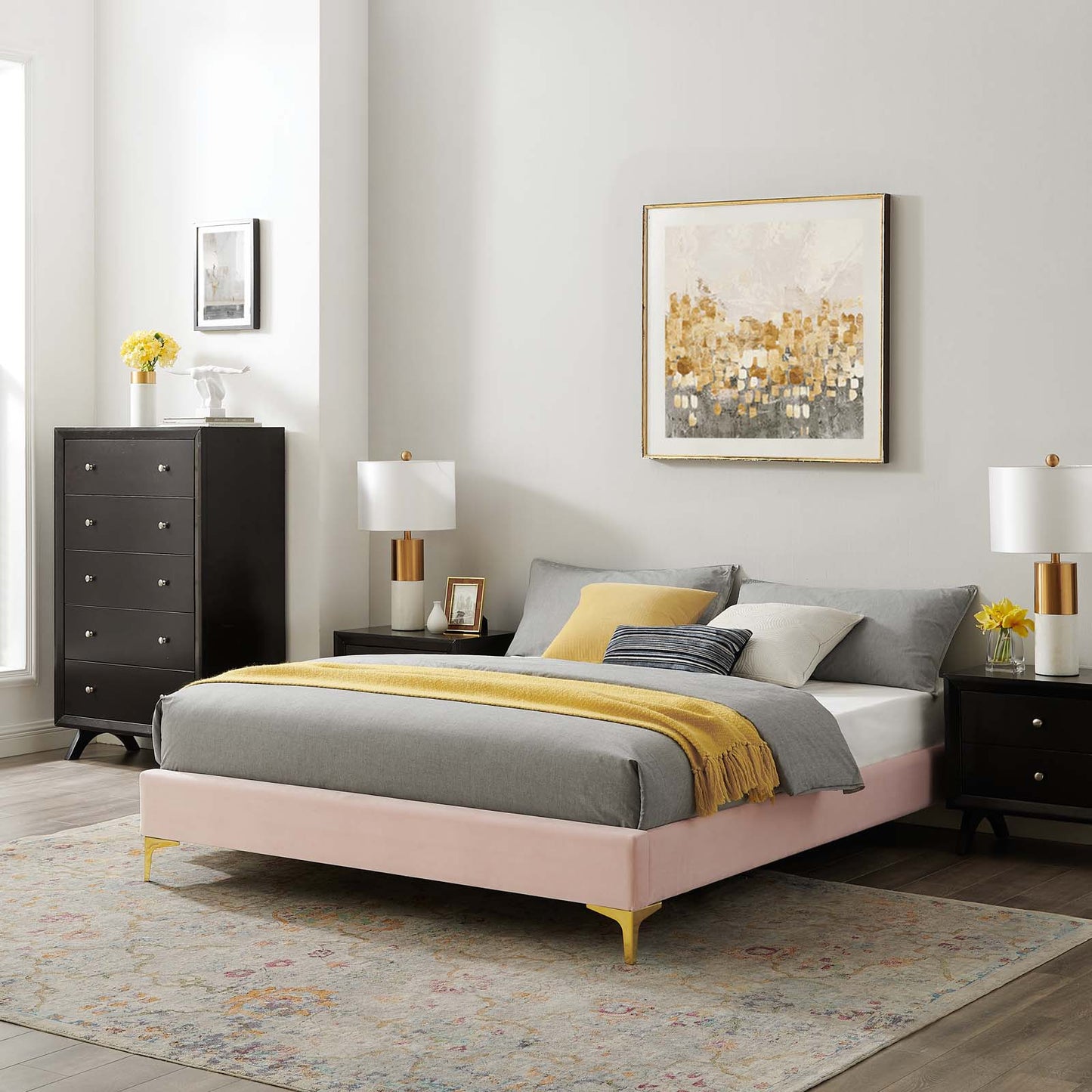 Sutton Twin Performance Velvet Bed Frame, Velvet, Pink, 21844