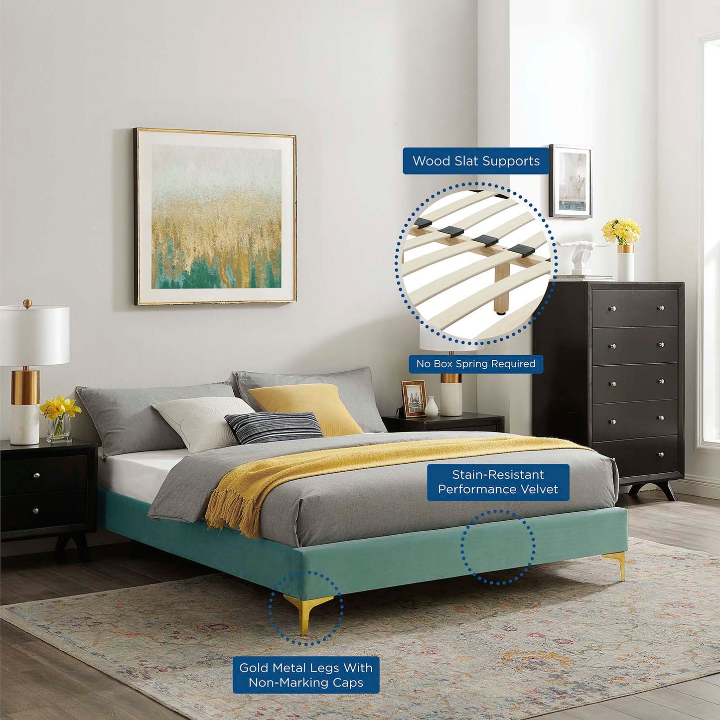 Sutton Full Performance Velvet Bed Frame, Velvet, Blue, 21850