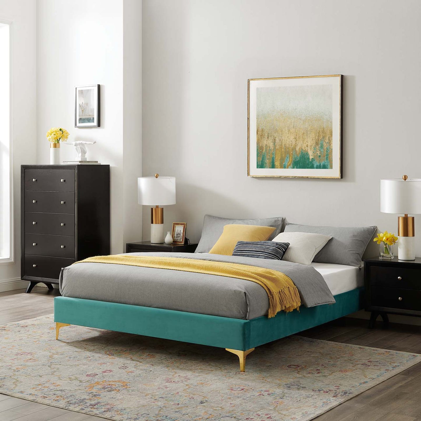 Sutton Full Performance Velvet Bed Frame, Velvet, Teal Blue, 21853