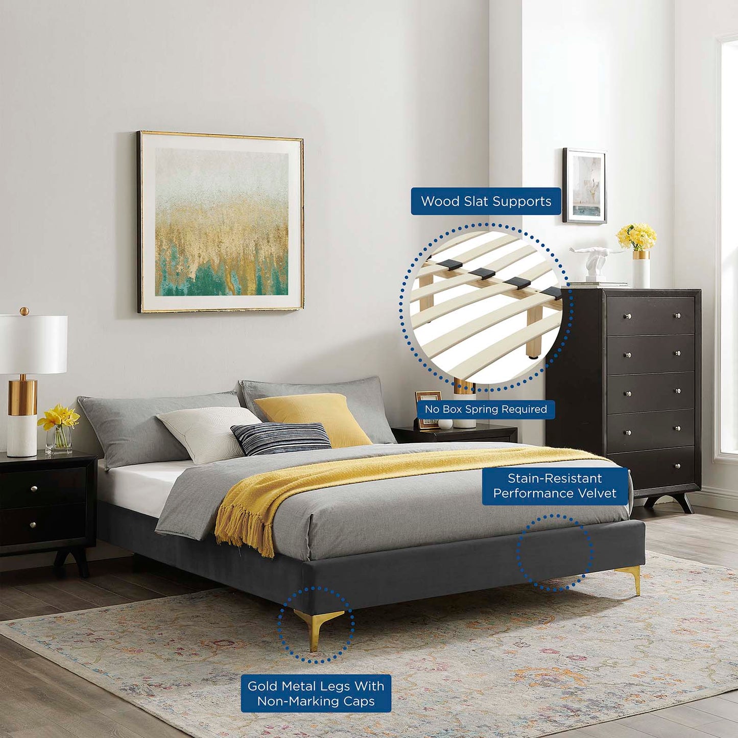 Sutton King Performance Velvet Bed Frame, Velvet, Dark Grey Gray, 21855