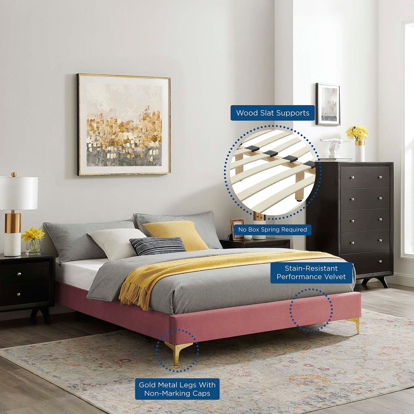 Sutton King Performance Velvet Bed Frame, Velvet, Pink, 21856