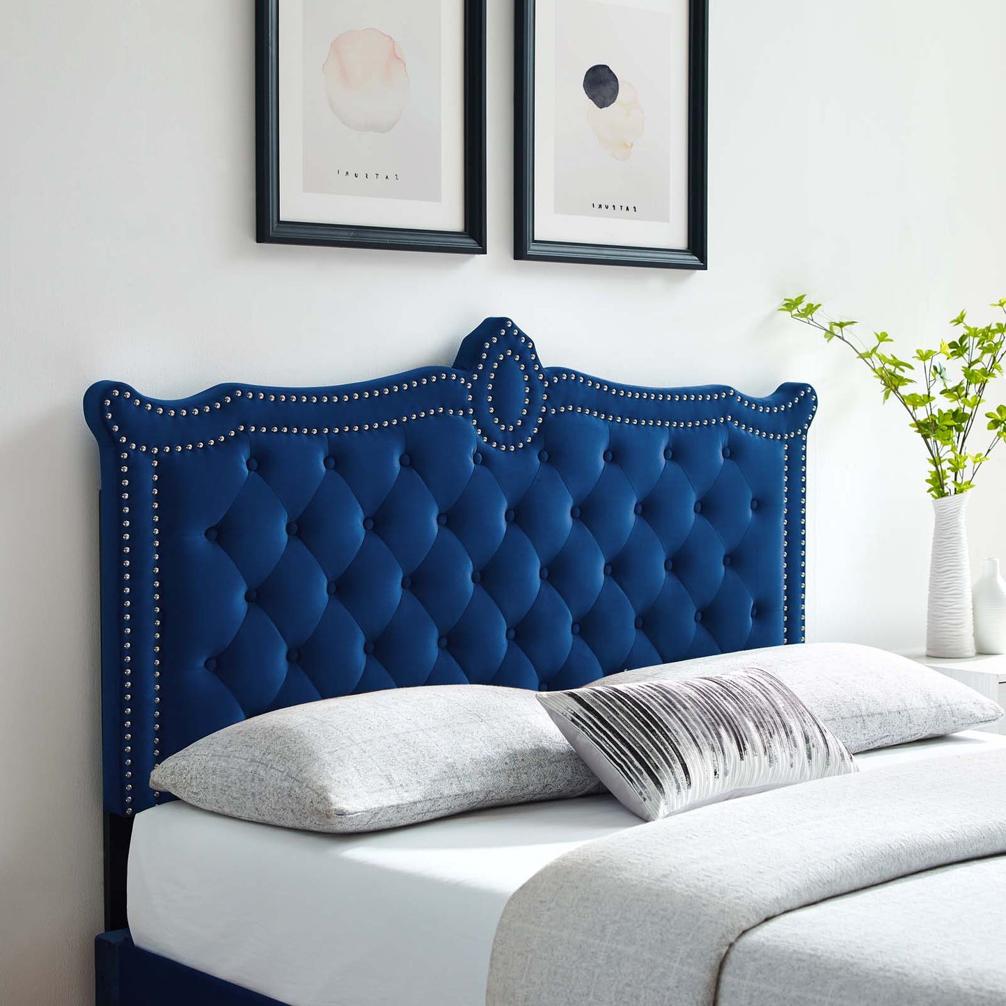 Louisa Tufted Performance Velvet Full/Queen Headboard, Velvet, Blue Navy, 21971