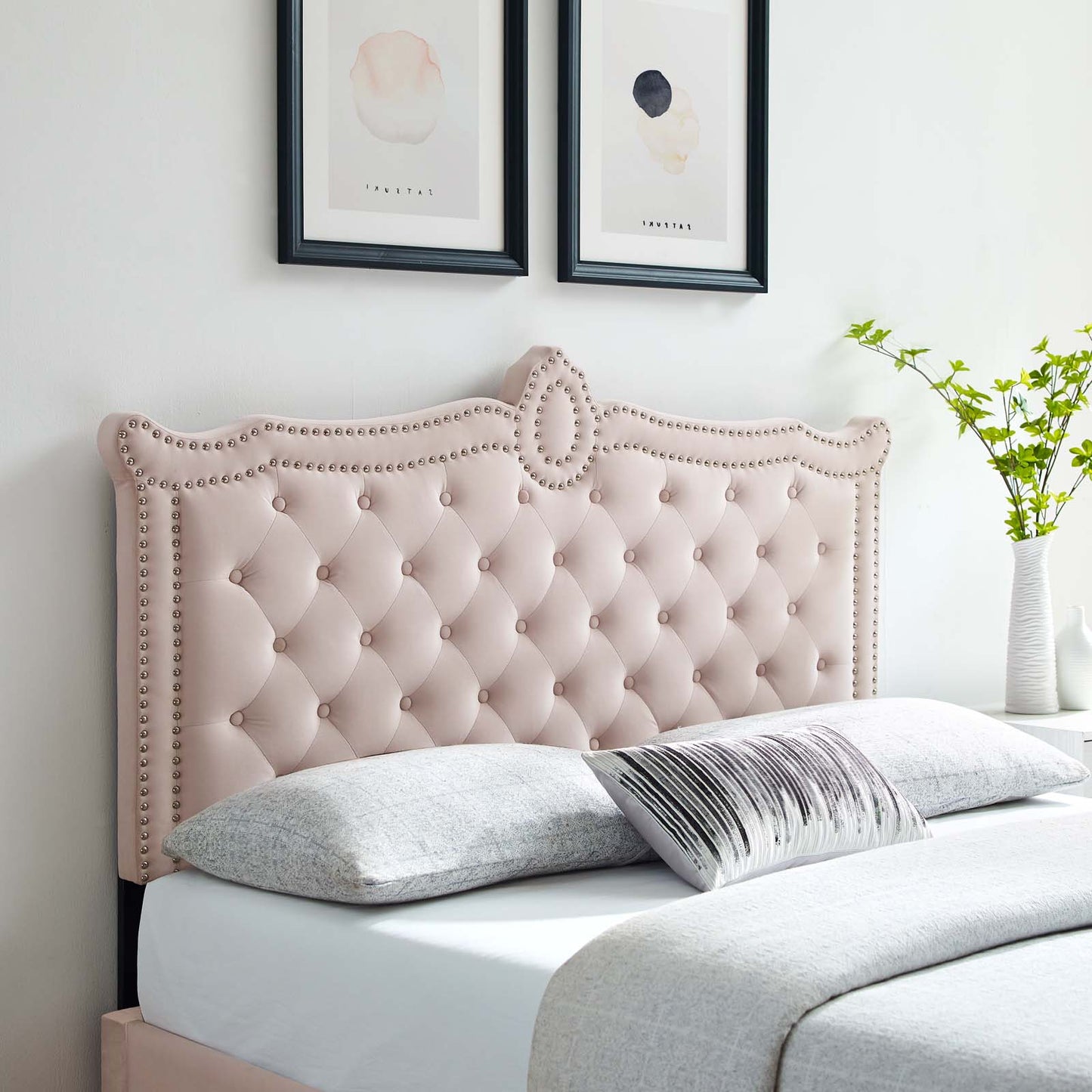 Louisa Tufted Performance Velvet Full/Queen Headboard, Velvet, Pink, 21972
