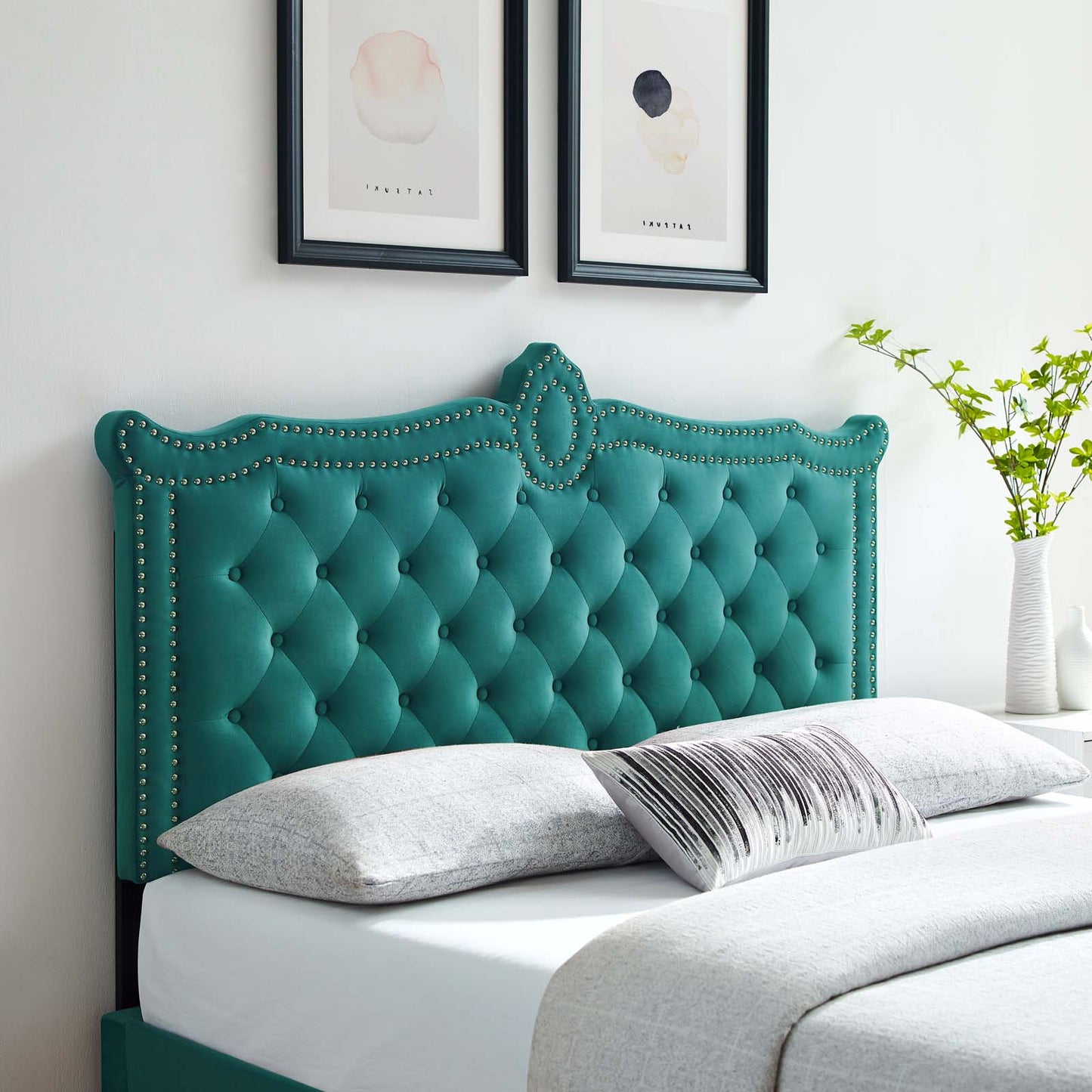Louisa Tufted Performance Velvet Full/Queen Headboard, Velvet, Teal Blue, 21973