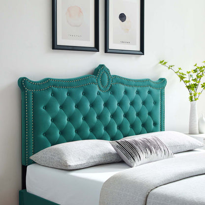 Louisa Tufted Performance Velvet Full/Queen Headboard, Velvet, Teal Blue, 21973