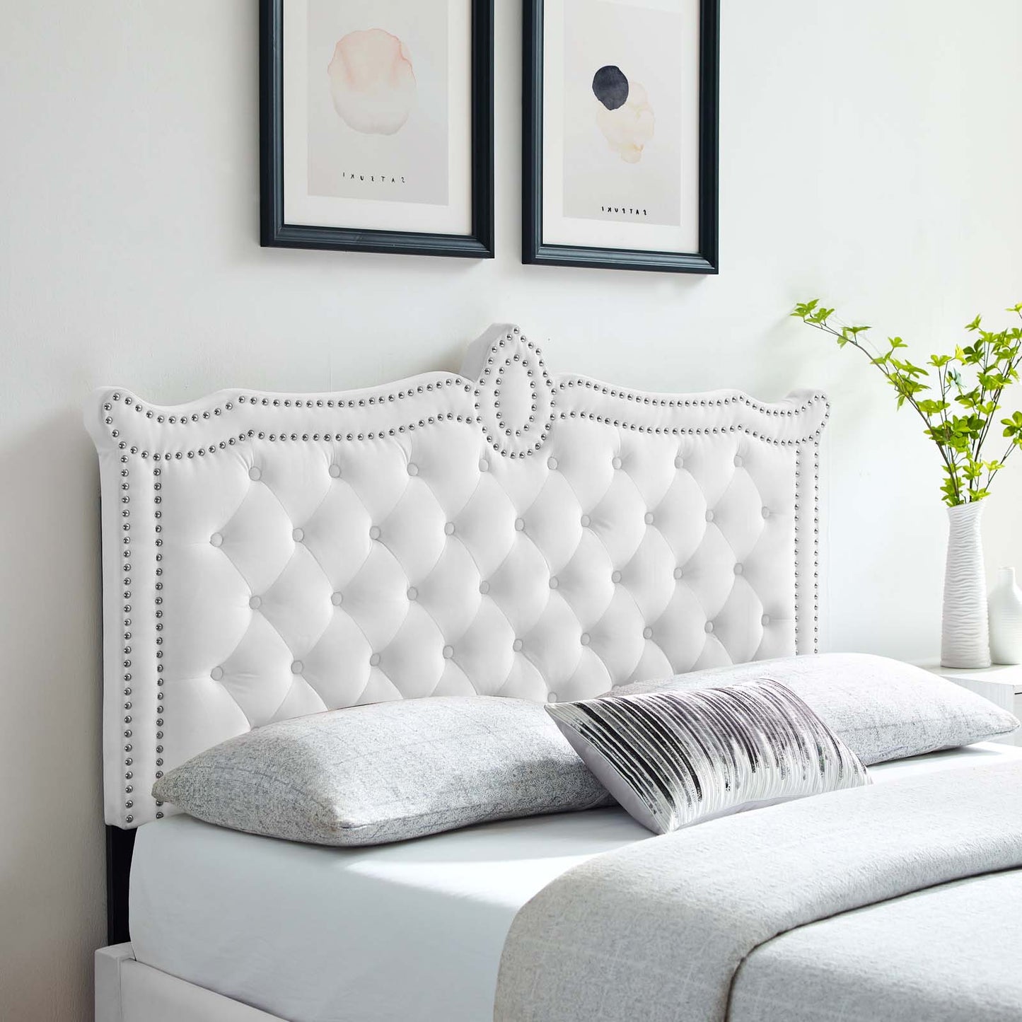 Louisa Tufted Performance Velvet Full/Queen Headboard, Velvet, White, 21974