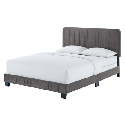 Celine Channel Tufted Performance Velvet King Bed, Velvet, Grey Gray, 22001