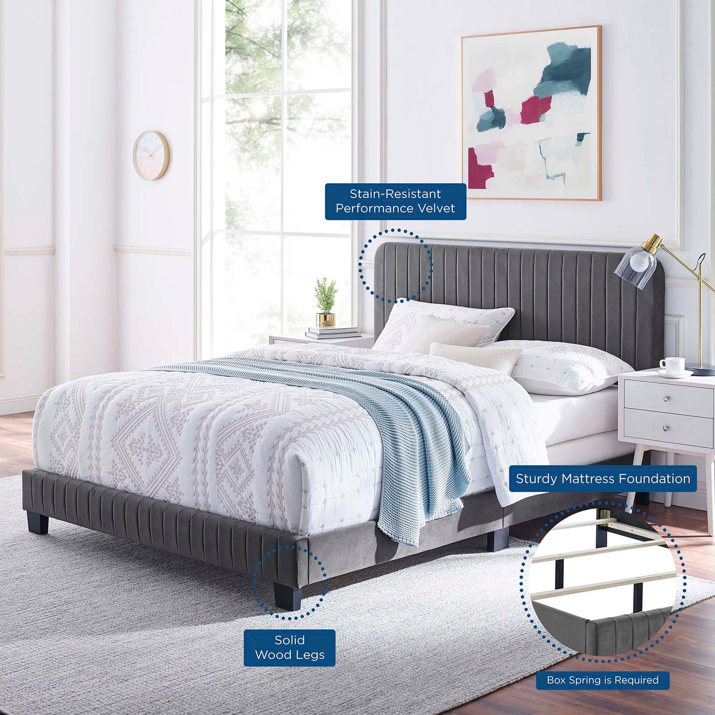 Celine Channel Tufted Performance Velvet King Bed, Velvet, Grey Gray, 22001