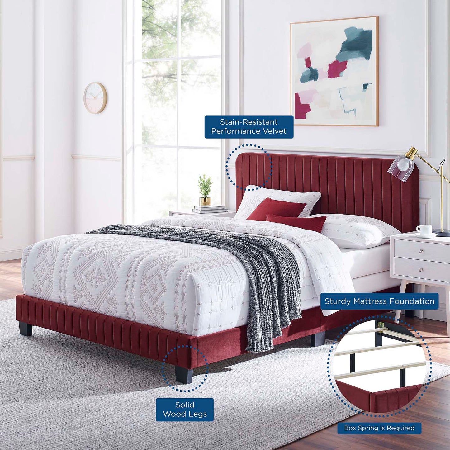 Celine Channel Tufted Performance Velvet King Bed, Velvet, Red, 22003