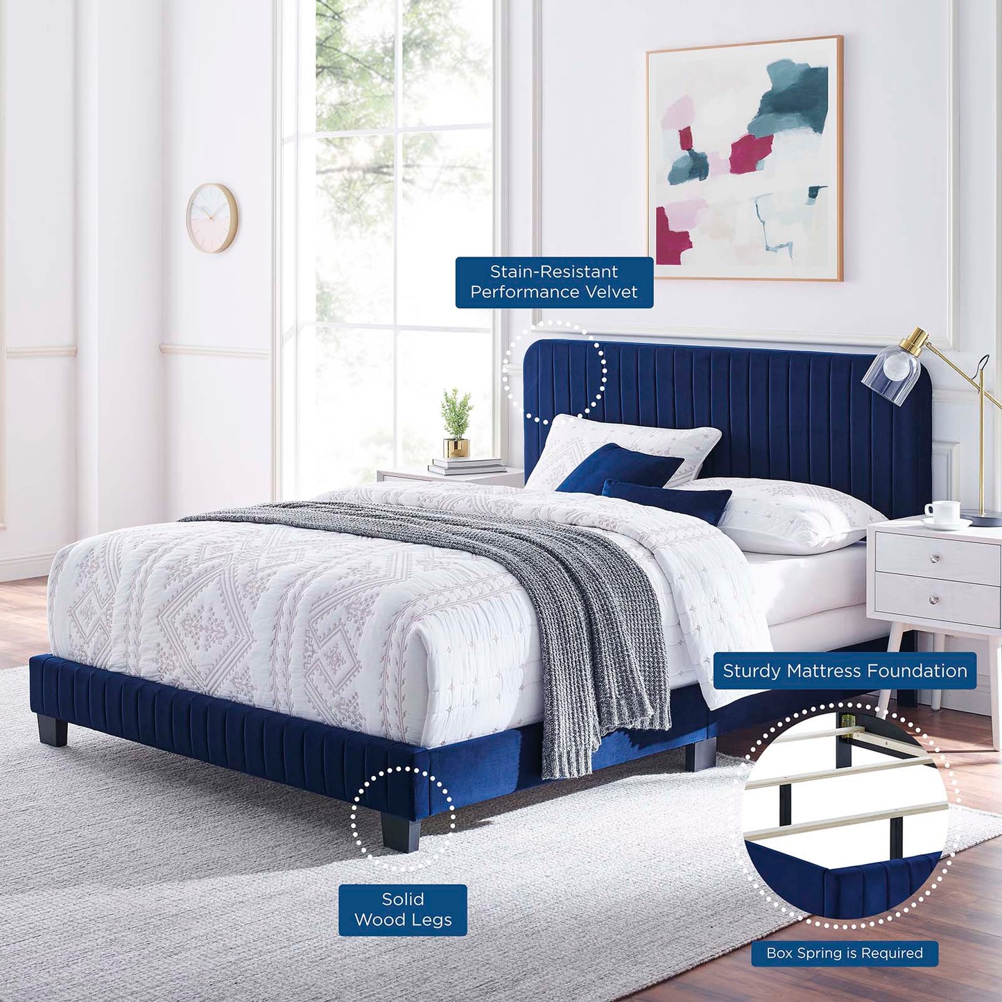 Celine Channel Tufted Performance Velvet King Bed, Velvet, Blue Navy, 22004
