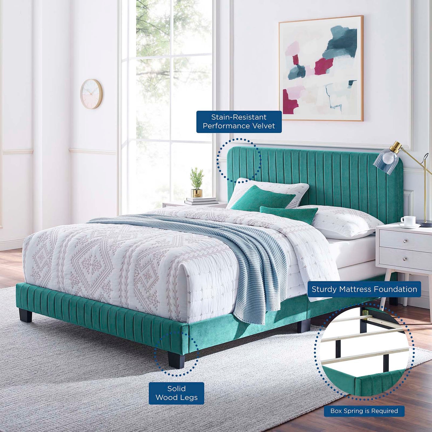 Celine Channel Tufted Performance Velvet King Bed, Velvet, Teal Blue, 22006