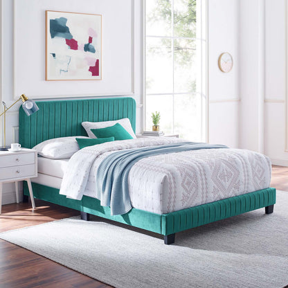 Celine Channel Tufted Performance Velvet King Bed, Velvet, Teal Blue, 22006