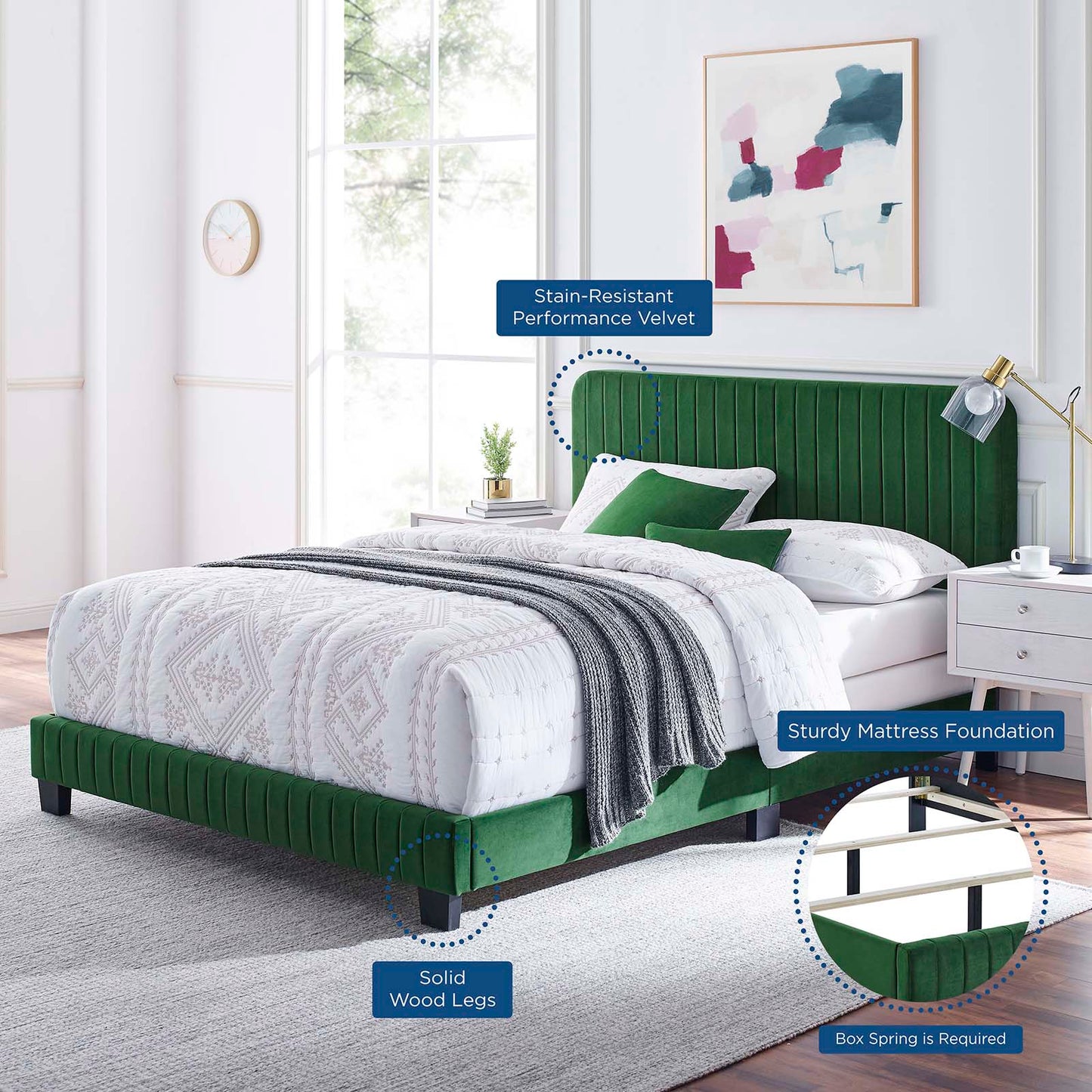 Celine Channel Tufted Performance Velvet Queen Bed, Velvet, Green, 22009
