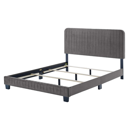 Celine Channel Tufted Performance Velvet Queen Bed, Velvet, Grey Gray, 22010