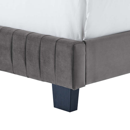 Celine Channel Tufted Performance Velvet Queen Bed, Velvet, Grey Gray, 22010