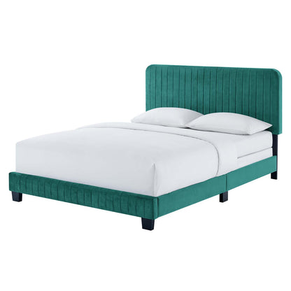 Celine Channel Tufted Performance Velvet Queen Bed, Velvet, Teal Blue, 22015