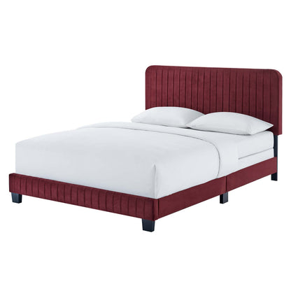 Celine Channel Tufted Performance Velvet Full Bed, Velvet, Red, 22021