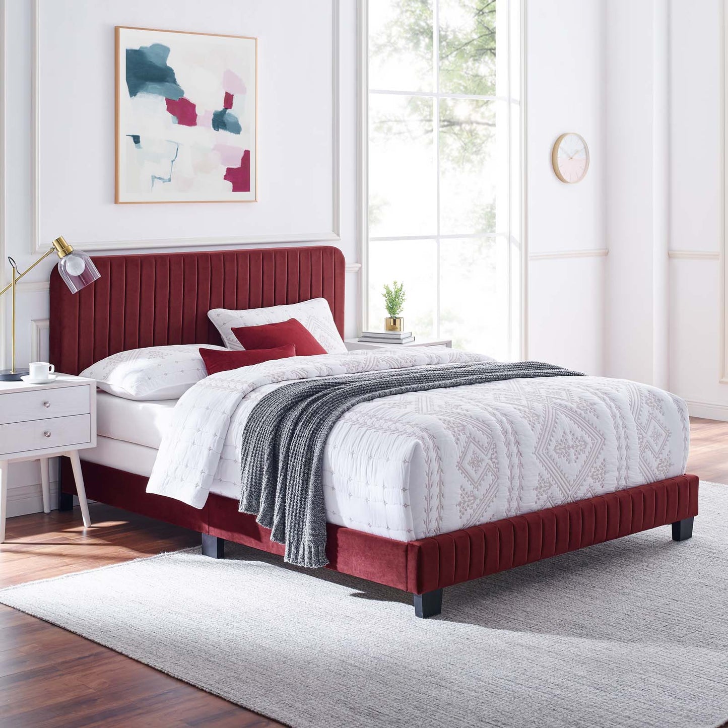 Celine Channel Tufted Performance Velvet Full Bed, Velvet, Red, 22021