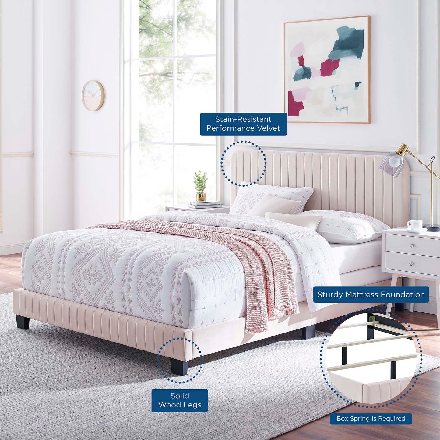 Celine Channel Tufted Performance Velvet Full Bed, Velvet, Pink, 22023