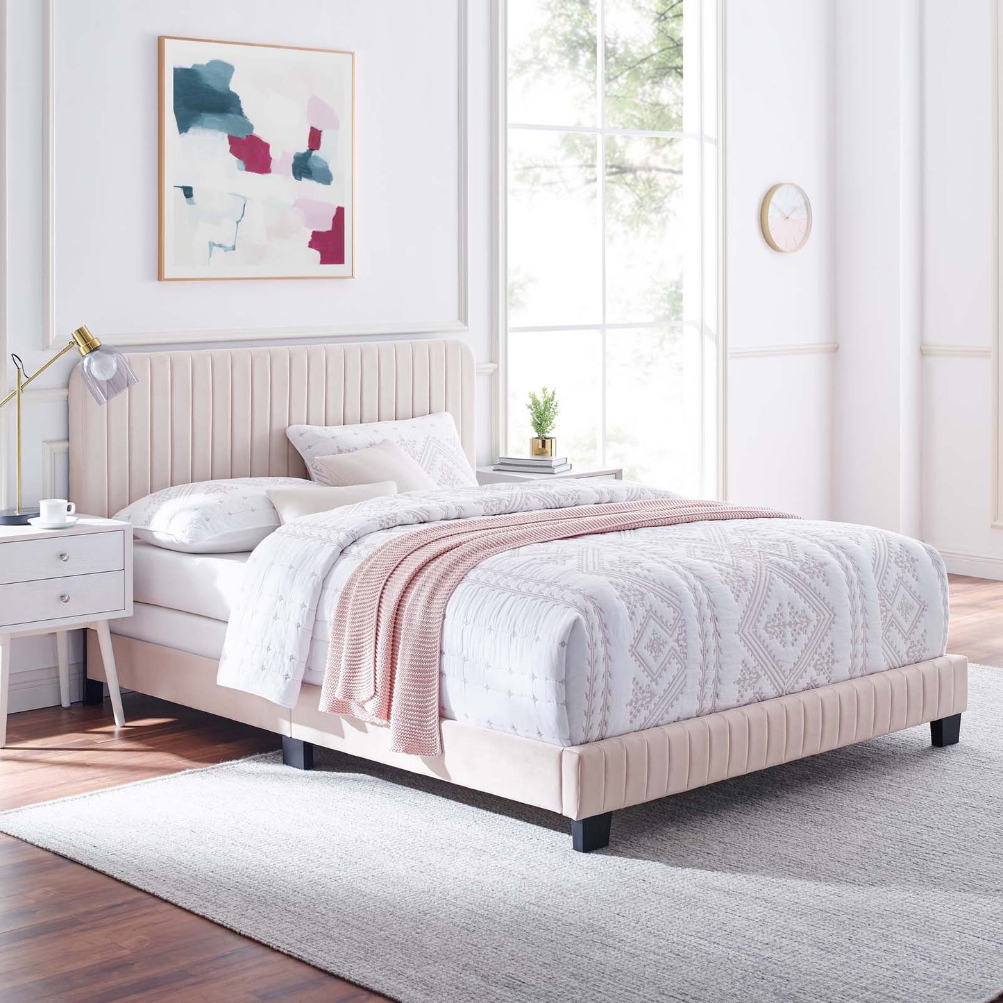 Celine Channel Tufted Performance Velvet Full Bed, Velvet, Pink, 22023