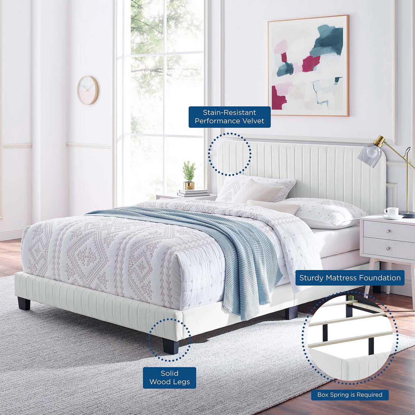 Celine Channel Tufted Performance Velvet Full Bed, Velvet, White, 22025